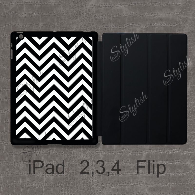 Thin Chevron Ipad Flip Case - Black And White Thin Chevron, Zigzag Pattern - Ipad 2 Magnetic Smart Case , Custom Ipad 3 Cover , Ipad 4 Case / 007