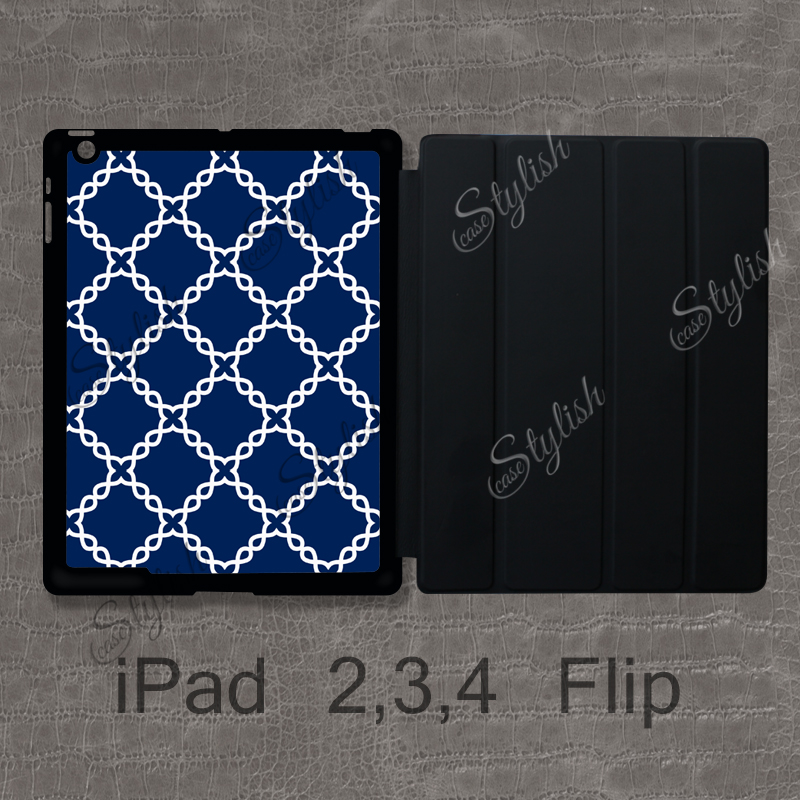 Ipad Flip Case - Navy Blue Knitted Pattern , Modern Trellis - Ipad 2 Magnetic Smart Case , Custom Ipad 3 Cover , Ipad 4 Case / 011